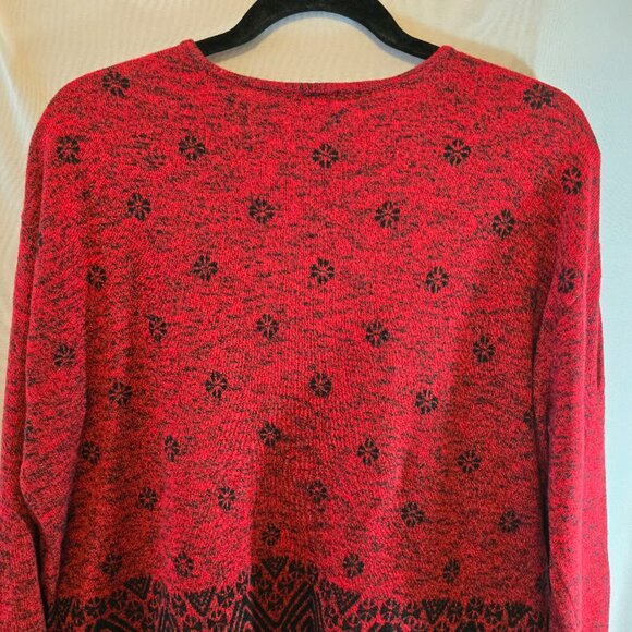 J JILL RELAXED RED BLACK PULLOVER SWEATER JACQUARD BORDER SIZE LARGE SOFT COTTON - Picture 6 of 8